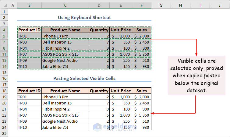 how to select visible cells in excel