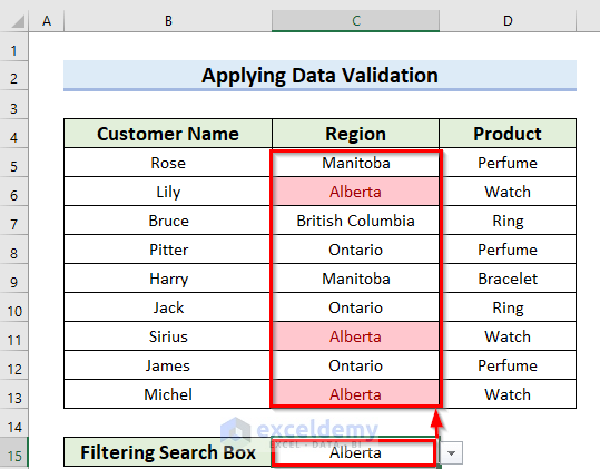 Result of Using Data Validation to Create a Filtering Search Box for Your Excel Data