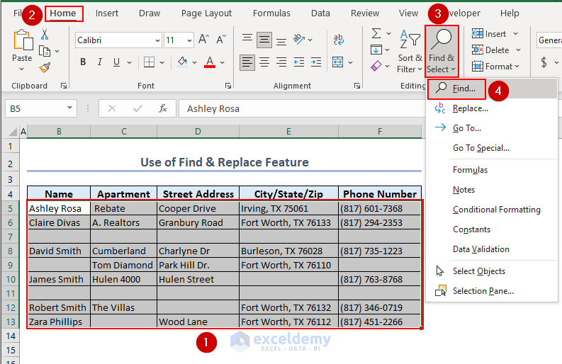 Selecting Find Command from Home Tab to Select Blank Cells and Delete in Excel