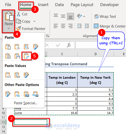 Using Transpose Option to Convert Column Title to Row Title