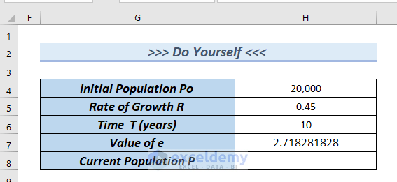 Practice problem on solving exponential equation in Excel
