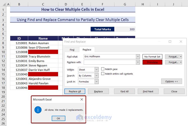 Output of Deleting Multiple Cells