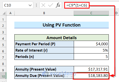 Use of PV Function to Calculate Present Value of Annuity Due in Excel