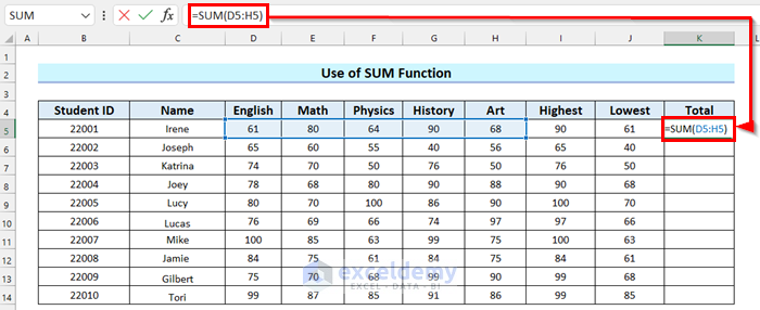 Use of SUM Function to Get Total Obtained Marks
