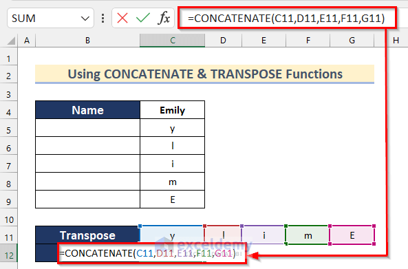 Using CONCATENATE and TRANSPOSE Functions to Mirror Text