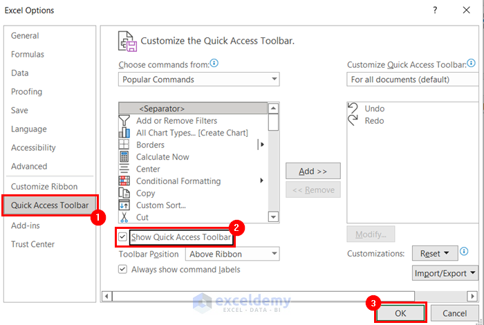 Applying Excel Options to Show Quick Access Toolbar in Excel