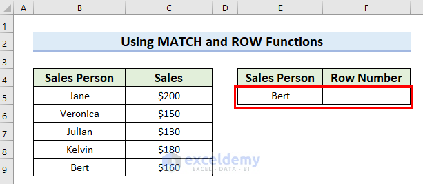 Using MATCH and ROW Functions to Find String in Column and Return Row Number in Excel