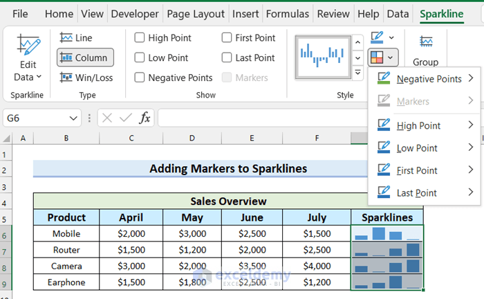 Adding Markers to Sparklines in Excel