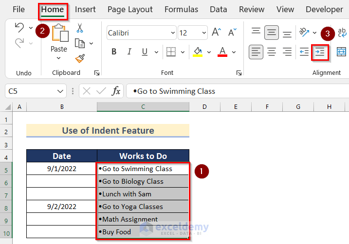 Use of Indent Feature from Alignment Group to Indent Bullet Points