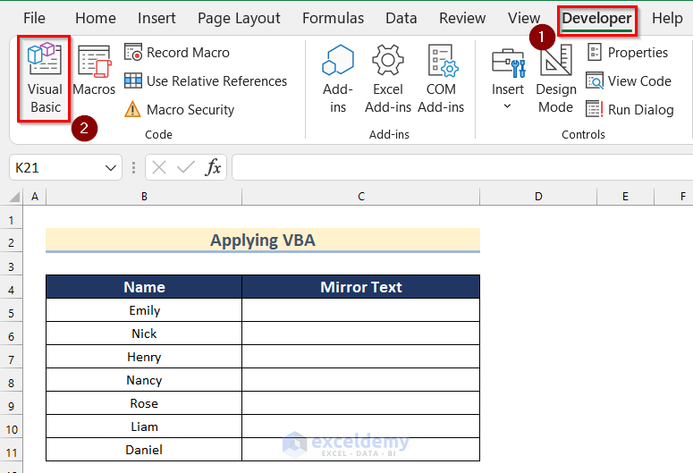 Applying VBA to Mirror Text in Excel