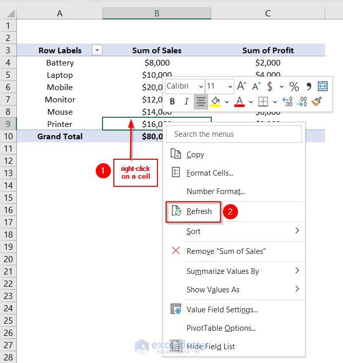 Refreshing Pivot Table to Update Grand Total in Excel