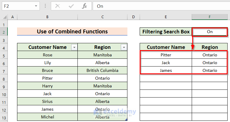 Final Result of Using Functions to Create a Filtering Search Box for Your Excel Data