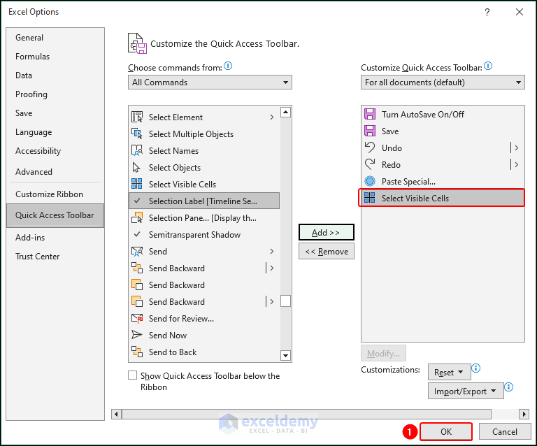 select visible cells command added in QAT of Excel