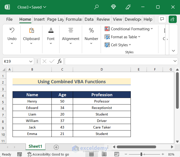 Using Combined VBA Functions to Close Workbook in Excel