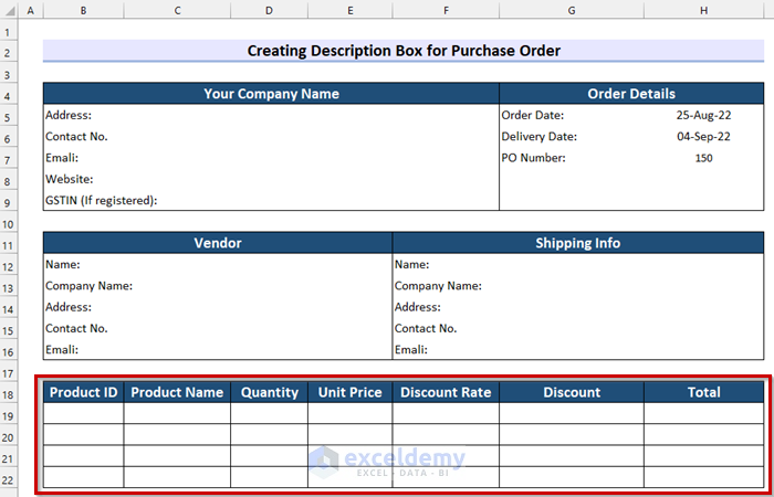 Creating Description Box for GST Purchase Order Format in Excel
