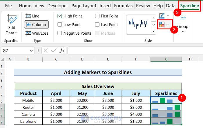 Adding Markers to Sparklines in Excel