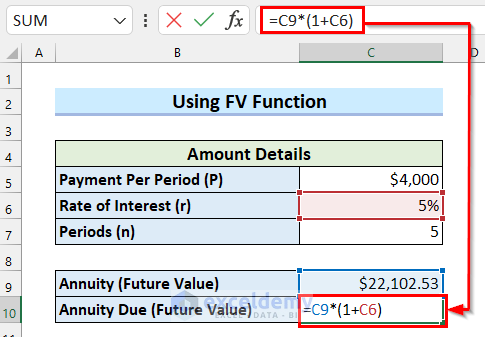 Using FV Function to Calculate Future Value of Annuity Due in Excel