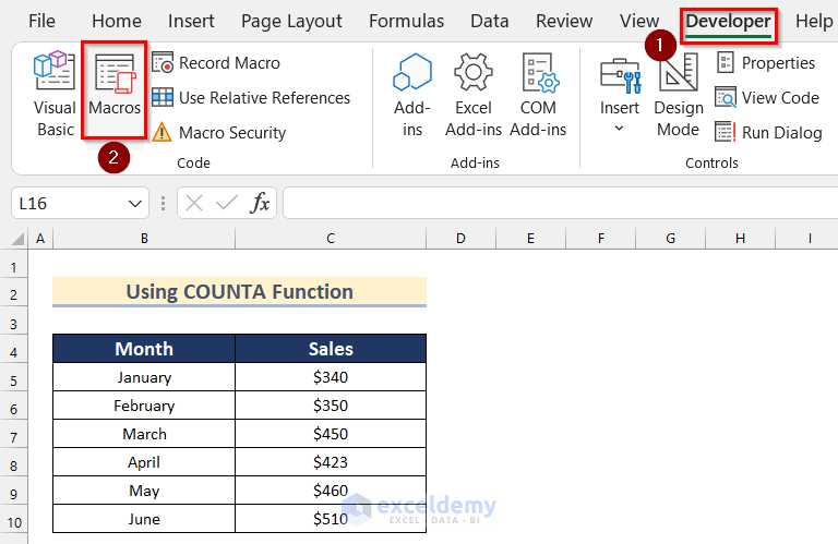 Using COUNTA Function to Get Number of Elements