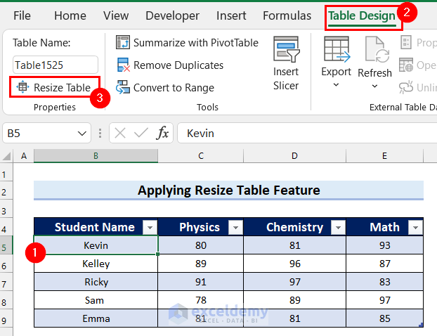Applying Resize Table Feature to Expand Table Array in Excel