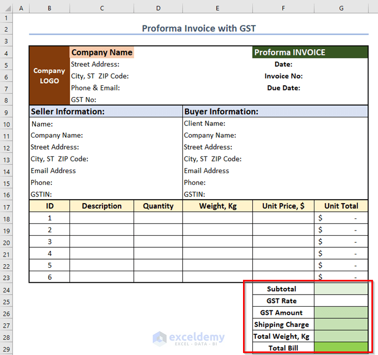 Include GST Rate for Proforma Invoice in Excel