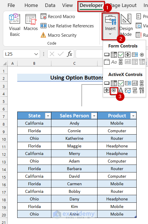 Inserting Option Button to Create a Search Box in Excel with VBA