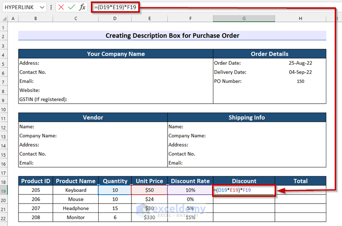 Calculating Discount in GST Purchase Order in Excel