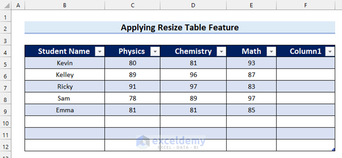 Applying Resize Table Feature to Expand Table Array in Excel
