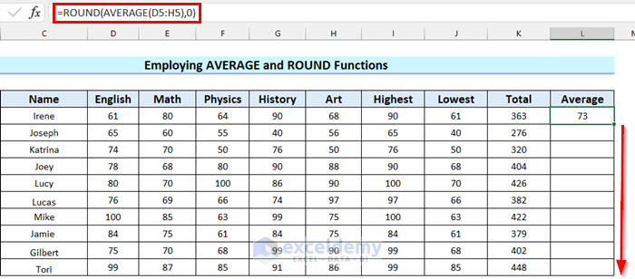 Employing AVERAGE and ROUND Functions in Result Sheet in Excel