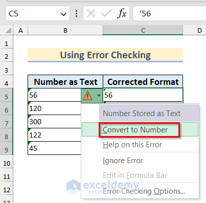 Selecting Convert to Number