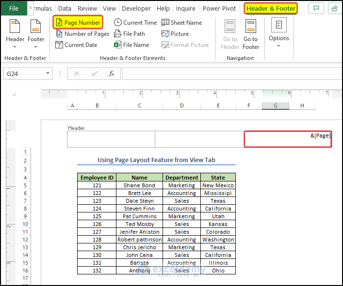 Addition of the page no to the footer in Excel worksheet