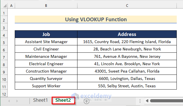 Sheet2: Containing Address and Job
