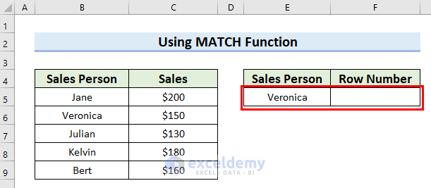 Using MATCH Function to Find String in Column and Return Row Number in Excel