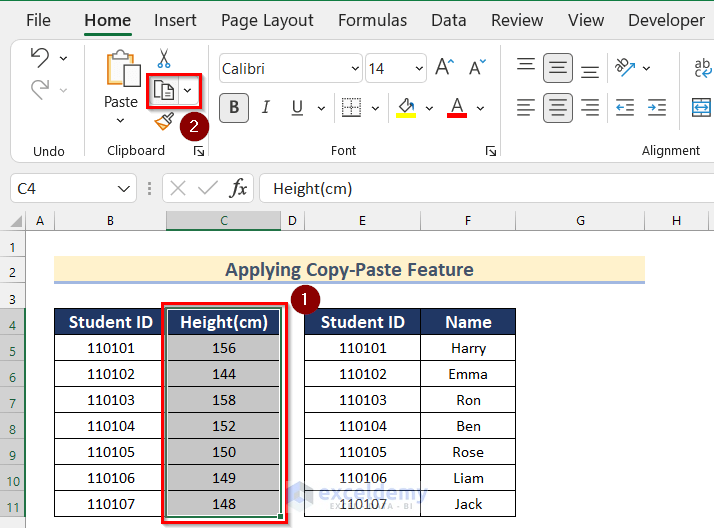 Applying Copy-Paste Feature to Merge Two Tables with Common Column in Excel