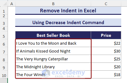 Removed Indent in Excel