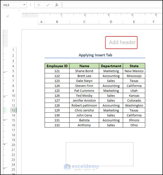 header and footer template showing at the bottom and top of the worksheet