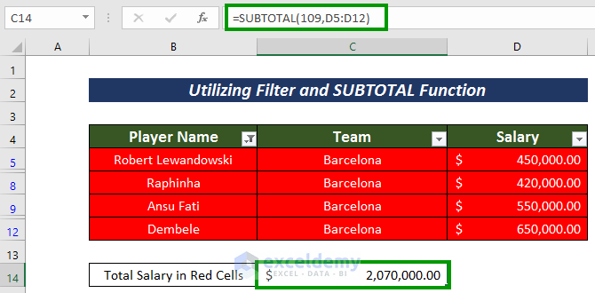Utilizing Filter and SUBTOTAL Function on Red Cells