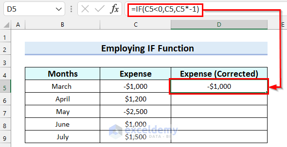 How to Change Positive Numbers to Negative in Excel Employing IF Function in Excel