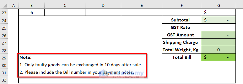 Attach Terms and Conditions for Proforma Invoice in Excel