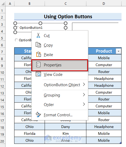 Changing Properties of Option Button to Create a Search Box in Excel with VBA