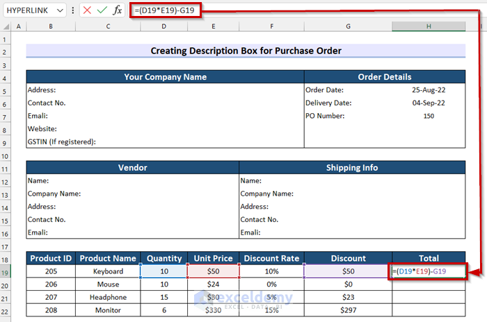 Calculating Total in GST Purchase Order Format in Excel