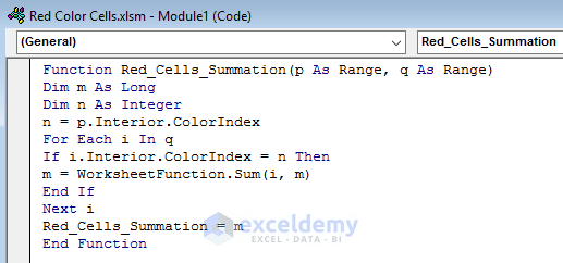 Applying VBA to Find Summation of Red Color Cells