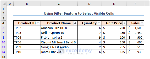 using filter feature to hide some rows