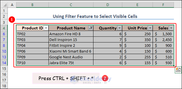 pressing CTRL+SHIFT and asterisk button to select visible cells in Excel