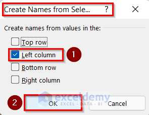 Opening Create Names from Selection box to Select Specific Rows in Excel Formula