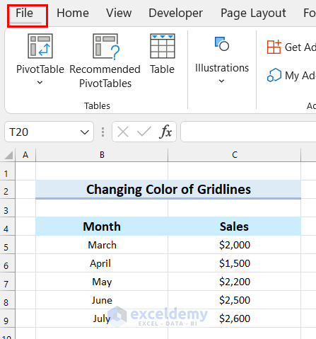 Using Excel Options to Change Color of Gridlines When Printing