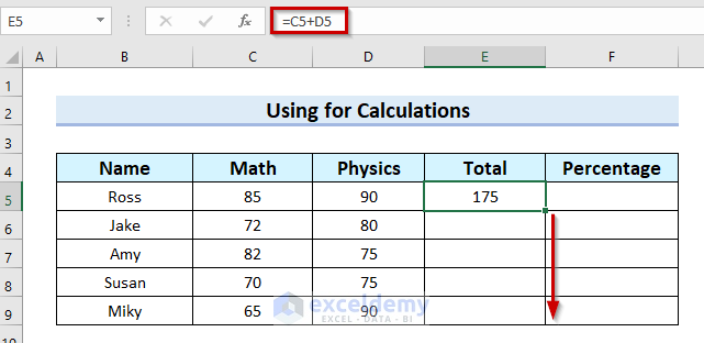 Use of Relative Cell Reference for Calculations