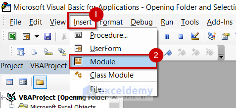 Opening Module to Write VBA Code in Excel to Open Folder and Select File