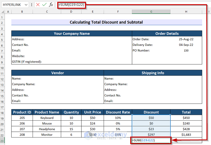 Calculating Total Discount and Subtotal