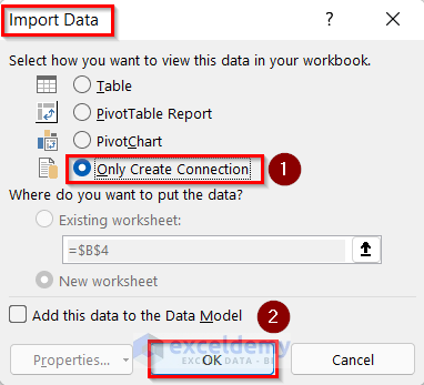 Opening Import Data Box to Merge Two Tables in Excel with Common Column