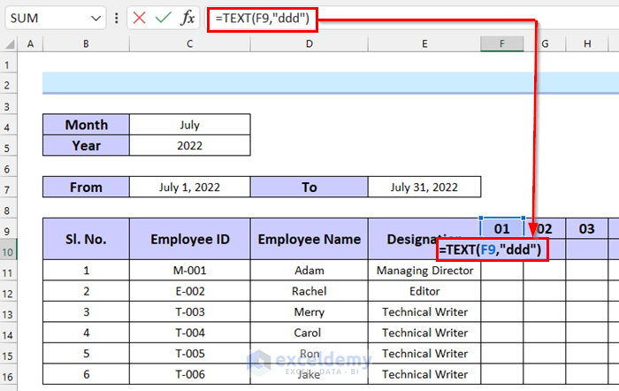 Inserting Weekdays into Monthly Staff Attendance Sheet in Excel